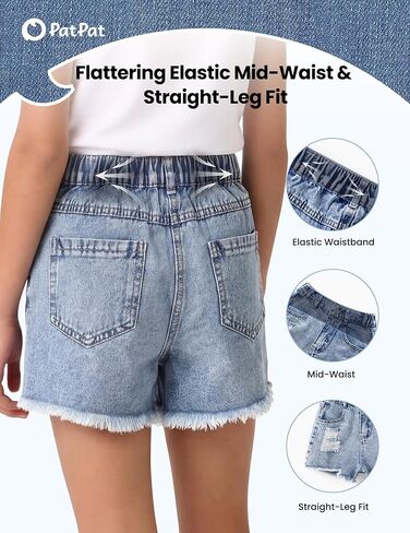 PATPAT Girls Ripped Jean Shorts 5-14Y, Y2K Vintage Mid Waist Straight Leg Denim Shorts with Elastic Waistband & Frayed Hem in Kuwait