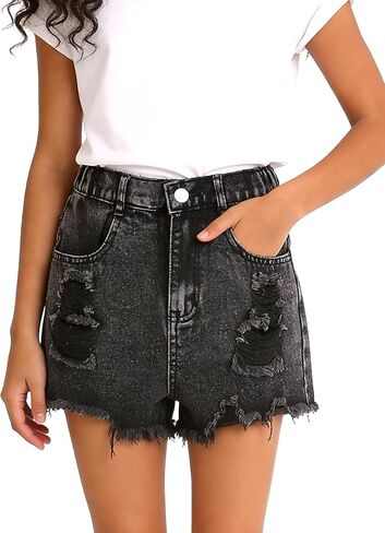 PATPAT Girls Ripped Jean Shorts 5-14Y, Y2K Vintage Mid Waist Straight Leg Denim Shorts with Elastic Waistband & Frayed Hem in Kuwait