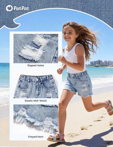 PATPAT Girls Ripped Jean Shorts 5-14Y, Y2K Vintage Mid Waist Straight Leg Denim Shorts with Elastic Waistband & Frayed Hem in Kuwait