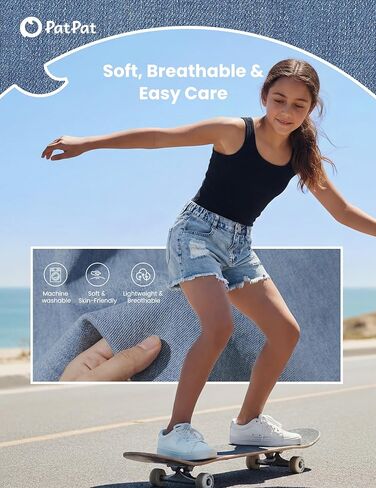PATPAT Girls Ripped Jean Shorts 5-14Y, Y2K Vintage Mid Waist Straight Leg Denim Shorts with Elastic Waistband & Frayed Hem in Kuwait