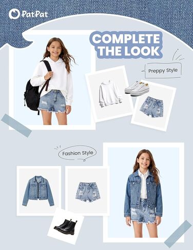 PATPAT Girls Ripped Jean Shorts 5-14Y, Y2K Vintage Mid Waist Straight Leg Denim Shorts with Elastic Waistband & Frayed Hem in Kuwait