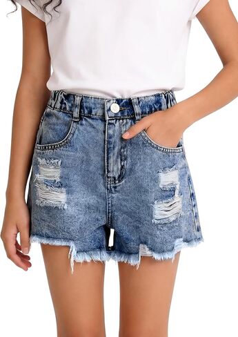 PATPAT Girls Ripped Jean Shorts 5-14Y, Y2K Vintage Mid Waist Straight Leg Denim Shorts with Elastic Waistband & Frayed Hem in Kuwait