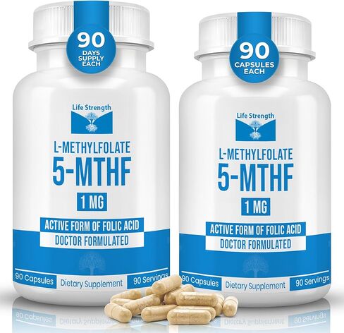 Life Strength L-Methylfolate 5 MG، حمض الفوليك الميثيل الأمثل والنشط بيولوجيًا للغاية، مكمل 5-MTHF لدعم المزاج والمناعة، مكمل غذائي طبيعي للطاقة، غير معدل وراثيًا وخالي من الغلوتين، 90 كبسولة in Kuwait