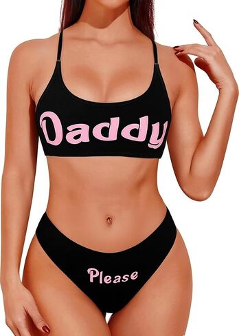 Women's 2Pcs Come Here Yes Daddy Please Printed Bikini Swimsuit Bathing Suit Padded Bra Top Panty Set Swimwear in Saudi Arabia