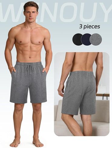 3 Pack Mens Cotton Pajama Shorts Soft Comfortable Lounge Shorts with Drawstring & Two Pockets Sleep Bottoms for Men in Kuwait