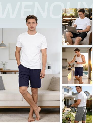 3 Pack Mens Cotton Pajama Shorts Soft Comfortable Lounge Shorts with Drawstring & Two Pockets Sleep Bottoms for Men in Kuwait