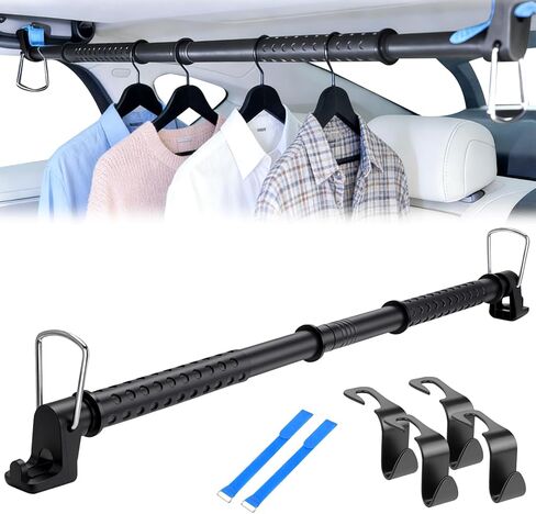 شريط شماعات ملابس السيارة 28-61 بوصة، قضيب ملابس شديد التحمل للسيارة، شريط تعليق ملابس خالي من التجاعيد، رف ملابس قابل للتعديل لسيارات الدفع الرباعي والشاحنات والشاحنات والشاحنات، مع 4 قطع خطافات مقعد إضافية in Kuwait