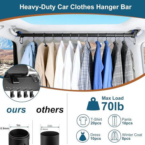 شريط شماعات ملابس السيارة 28-61 بوصة، قضيب ملابس شديد التحمل للسيارة، شريط تعليق ملابس خالي من التجاعيد، رف ملابس قابل للتعديل لسيارات الدفع الرباعي والشاحنات والشاحنات والشاحنات، مع 4 قطع خطافات مقعد إضافية in Kuwait
