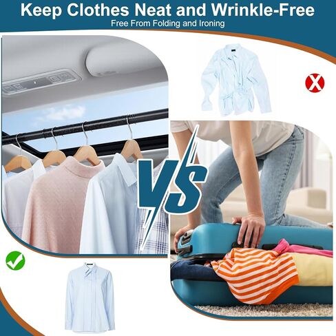 شريط شماعات ملابس السيارة 28-61 بوصة، قضيب ملابس شديد التحمل للسيارة، شريط تعليق ملابس خالي من التجاعيد، رف ملابس قابل للتعديل لسيارات الدفع الرباعي والشاحنات والشاحنات والشاحنات، مع 4 قطع خطافات مقعد إضافية in Kuwait