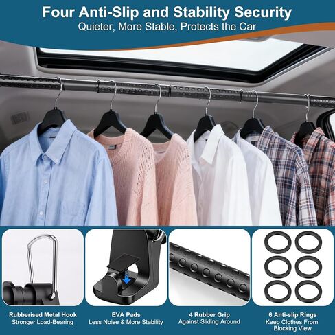 شريط شماعات ملابس السيارة 28-61 بوصة، قضيب ملابس شديد التحمل للسيارة، شريط تعليق ملابس خالي من التجاعيد، رف ملابس قابل للتعديل لسيارات الدفع الرباعي والشاحنات والشاحنات والشاحنات، مع 4 قطع خطافات مقعد إضافية in Kuwait