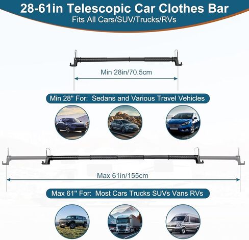 شريط شماعات ملابس السيارة 28-61 بوصة، قضيب ملابس شديد التحمل للسيارة، شريط تعليق ملابس خالي من التجاعيد، رف ملابس قابل للتعديل لسيارات الدفع الرباعي والشاحنات والشاحنات والشاحنات، مع 4 قطع خطافات مقعد إضافية in Kuwait