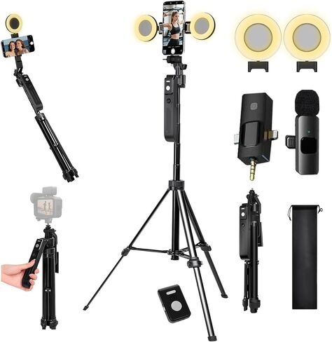Vlogging Kit for iPhone/Andriod,70.9″ Auto Face Tracking Tipod,360 Rotatable Selfie Stick Tripod, Content Creator Essentials, Yutube Starter Kit, Gesture Control w/Remote/Mic/Light in Saudi Arabia