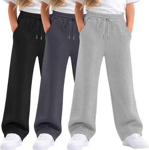 3 Pack Girls' Sweatpants Wide Leg Drawstring Athletic Pants Kids Elastic Waist Baggy Casual Joggers with Pockets in Saudi Arabia