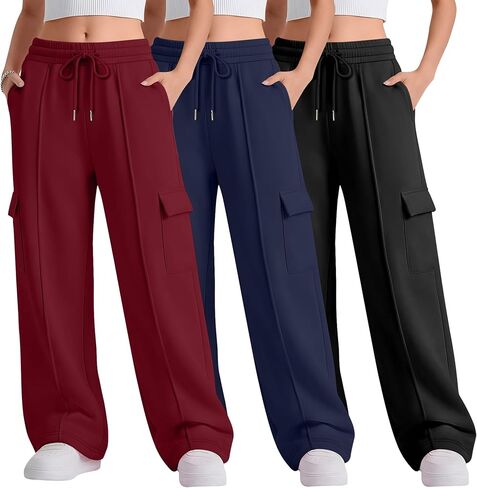 3 قطع من السراويل الرياضية للفتيات من عمر 5 إلى 14 عامًا بأرجل واسعة وخصر عالٍ للأطفال وفضفاضة برباط مع 4 جيوب in Kuwait