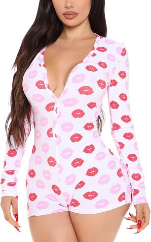 Womens Sexy Onesie Pajama Long Sleeve V Neck Heart Bodycon Jumpsuit Button Down Short Romper Sleepwear in Saudi Arabia