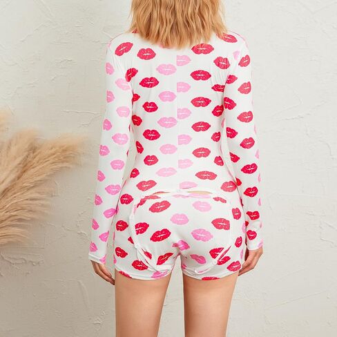 Womens Sexy Onesie Pajama Long Sleeve V Neck Heart Bodycon Jumpsuit Button Down Short Romper Sleepwear in Saudi Arabia