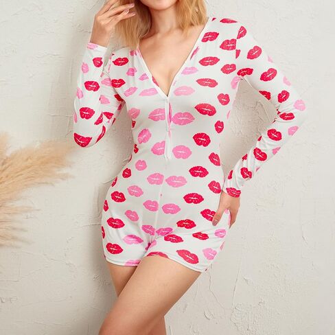 Womens Sexy Onesie Pajama Long Sleeve V Neck Heart Bodycon Jumpsuit Button Down Short Romper Sleepwear in Saudi Arabia