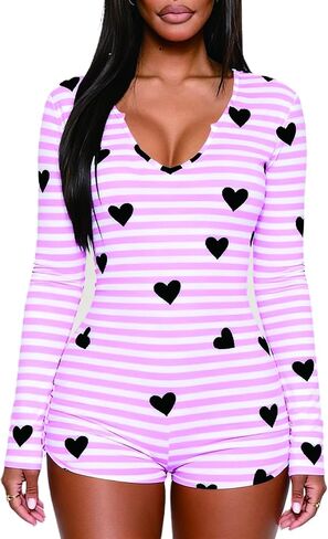 Womens Sexy Onesie Pajama Long Sleeve V Neck Heart Bodycon Jumpsuit Button Down Short Romper Sleepwear in Saudi Arabia