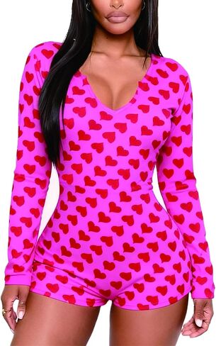Womens Sexy Onesie Pajama Long Sleeve V Neck Heart Bodycon Jumpsuit Button Down Short Romper Sleepwear in Saudi Arabia