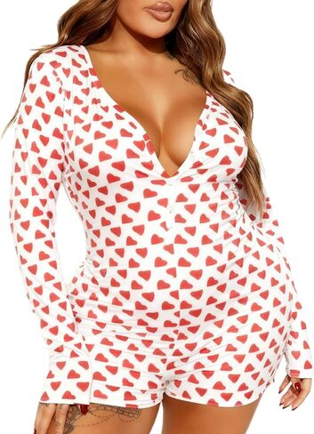 Womens Sexy Onesie Pajama Long Sleeve V Neck Heart Bodycon Jumpsuit Button Down Short Romper Sleepwear in Saudi Arabia