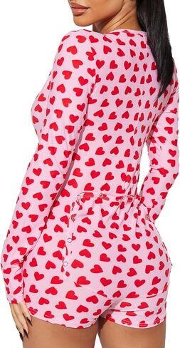 Women V Neck Shorts Jumpsuit Butt Flap Bodycon Romper Overall Sleepwear Printed Pajama Long Sleeve Bodysuit in Kuwait