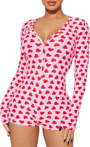 Women V Neck Shorts Jumpsuit Butt Flap Bodycon Romper Overall Sleepwear Printed Pajama Long Sleeve Bodysuit in Kuwait