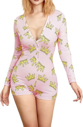 Womens Sexy Onesie Pajama Long Sleeve V Neck Heart Bodycon Jumpsuit Button Down Short Romper Sleepwear in Saudi Arabia