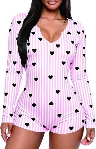 Womens Sexy Onesie Pajama Long Sleeve V Neck Heart Bodycon Jumpsuit Button Down Short Romper Sleepwear in Saudi Arabia