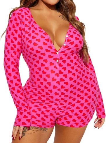 Womens Sexy Onesie Pajama Long Sleeve V Neck Heart Bodycon Jumpsuit Button Down Short Romper Sleepwear in Saudi Arabia