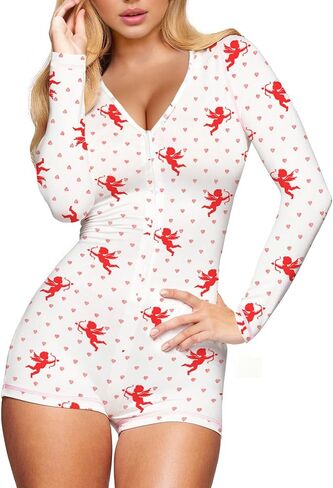 Womens Sexy Onesie Pajama Long Sleeve V Neck Heart Bodycon Jumpsuit Button Down Short Romper Sleepwear in Saudi Arabia