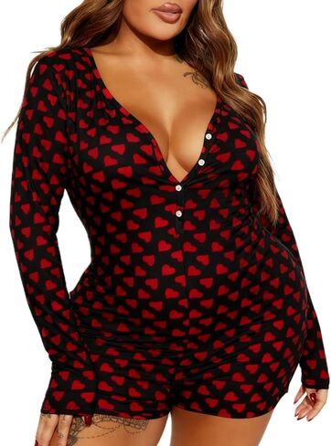 Women V Neck Shorts Jumpsuit Butt Flap Bodycon Romper Overall Sleepwear Printed Pajama Long Sleeve Bodysuit in Kuwait