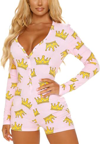 Women V Neck Shorts Jumpsuit Butt Flap Bodycon Romper Overall Sleepwear Printed Pajama Long Sleeve Bodysuit in Kuwait