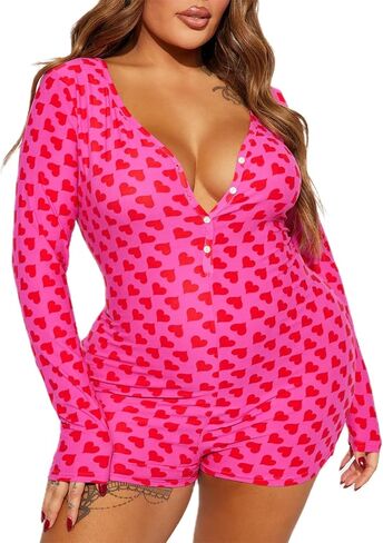 Women V Neck Shorts Jumpsuit Butt Flap Bodycon Romper Overall Sleepwear Printed Pajama Long Sleeve Bodysuit in Kuwait