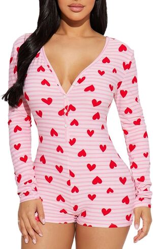 Women V Neck Shorts Jumpsuit Butt Flap Bodycon Romper Overall Sleepwear Printed Pajama Long Sleeve Bodysuit in Kuwait