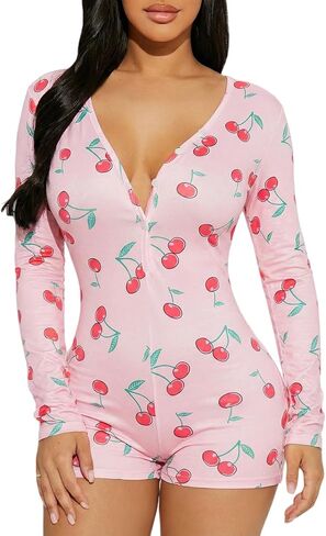 Women V Neck Shorts Jumpsuit Butt Flap Bodycon Romper Overall Sleepwear Printed Pajama Long Sleeve Bodysuit in Kuwait