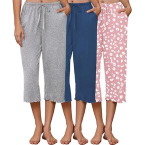 Ekouaer 3 Pack Women Capri Pajama Pants 2026 كشكش هيم صالة السراويل الرباط PJ قيعان مع جيوب in Kuwait