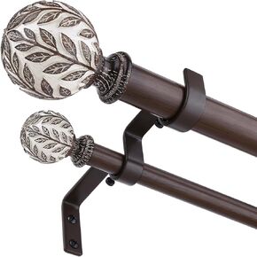 Walnut Wood Double Curtain Rod, Boho Decorative Long Dual Curtain Rods for Windows 84 to 120 Inch, 1" Adjustable Heavy Duty Double Rod, Unique Handmade Imitation Wood Grain Leaf Finial Design in Kuwait