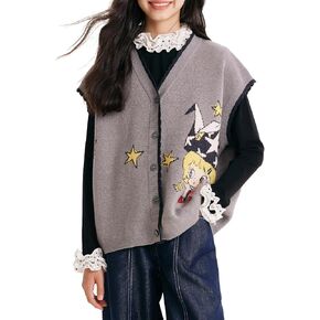 Girls Knit Sweater Vest Cartoon Star Design, Button Down Soft Gray Cardigan for 6-16Y,Cute Fall Top in Saudi Arabia