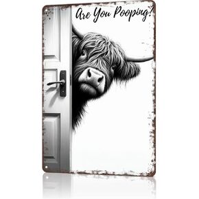 8x12 Inch Vintage Highland Cow Metal Sign, Funny Bathroom Wall Art with "Are You Pooping?" Quote, Unique Western Farmhouse Decor for Cow Lovers in Saudi Arabia