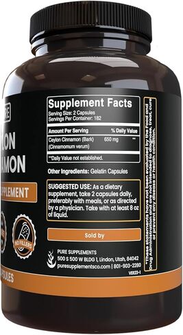 PURE ORIGINAL INGREDIENTS Ceylon Cinnamon (365 Capsules) No Magnesium Or Rice Fillers, Always Pure, Lab Verified in Saudi Arabia