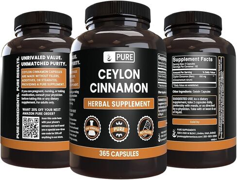 PURE ORIGINAL INGREDIENTS Ceylon Cinnamon (365 Capsules) No Magnesium Or Rice Fillers, Always Pure, Lab Verified in Saudi Arabia