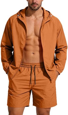 Mens Vacation Outfits 2 Piece Sun Protection Clothing Short Sleeve Full Zip Up Hoodies and Shorts Matching Set Beachwear in Saudi Arabia
