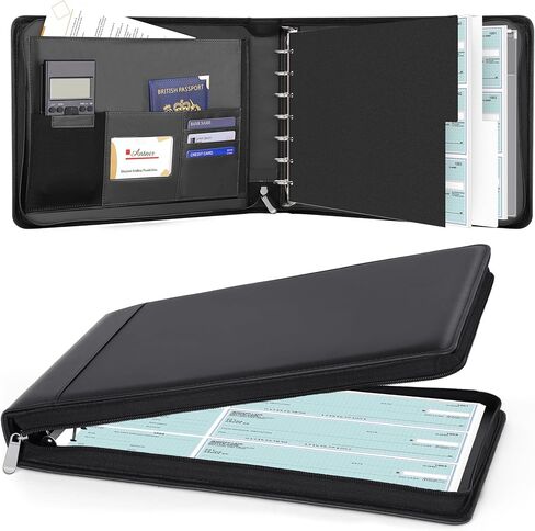 Antner Zippered 7 Ring Business Checkbook Binder Portfolio for 3-on-a-Page Business Checks, 600 Checks Capacity, PU Leather Check Book Binder Cover with Zipper Pouch & Dividers for 9x13 Sheets, Black in Saudi Arabia