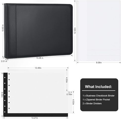 Antner Zippered 7 Ring Business Checkbook Binder Portfolio for 3-on-a-Page Business Checks, 600 Checks Capacity, PU Leather Check Book Binder Cover with Zipper Pouch & Dividers for 9x13 Sheets, Black in Saudi Arabia