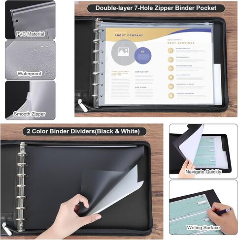 Antner Zippered 7 Ring Business Checkbook Binder Portfolio for 3-on-a-Page Business Checks, 600 Checks Capacity, PU Leather Check Book Binder Cover with Zipper Pouch & Dividers for 9x13 Sheets, Black in Saudi Arabia