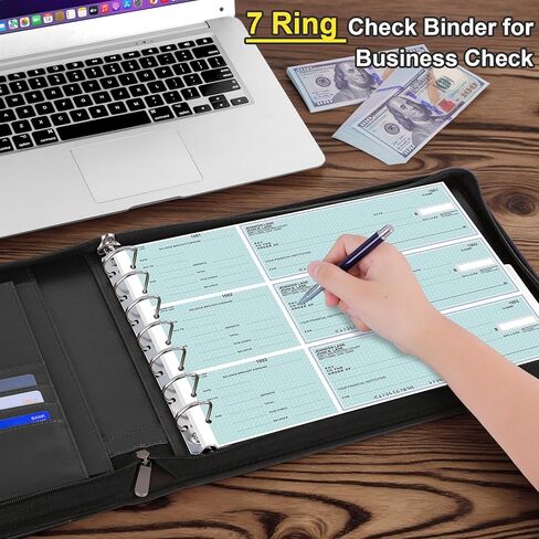 Antner Zippered 7 Ring Business Checkbook Binder Portfolio for 3-on-a-Page Business Checks, 600 Checks Capacity, PU Leather Check Book Binder Cover with Zipper Pouch & Dividers for 9x13 Sheets, Black in Saudi Arabia