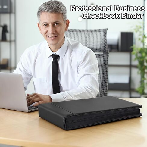 Antner Zippered 7 Ring Business Checkbook Binder Portfolio for 3-on-a-Page Business Checks, 600 Checks Capacity, PU Leather Check Book Binder Cover with Zipper Pouch & Dividers for 9x13 Sheets, Black in Saudi Arabia