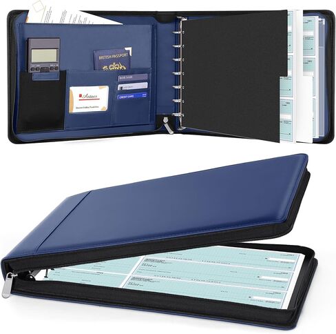 Antner Zippered 7 Ring Business Checkbook Binder Portfolio for 3-on-a-Page Business Checks, 600 Checks Capacity, PU Leather Check Book Binder Cover with Zipper Pouch & Dividers for 9x13 Sheets, Black in Saudi Arabia