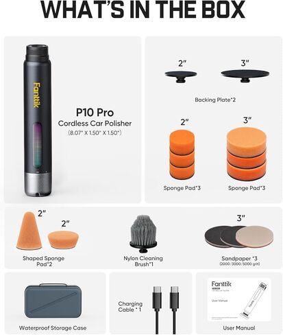 جهاز تلميع السيارة الصغير Fanttik P10 Pro، جهاز تلميع السيارة الدوار اللاسلكي بقدرة 4000 مللي أمبير في الساعة، 2 بوصة/3 بوصة، 3 سرعات متغيرة 300-950 دورة في الدقيقة مجموعة تفصيل السيارة للتلميع والصنفرة والشمع والتنظيف in Kuwait