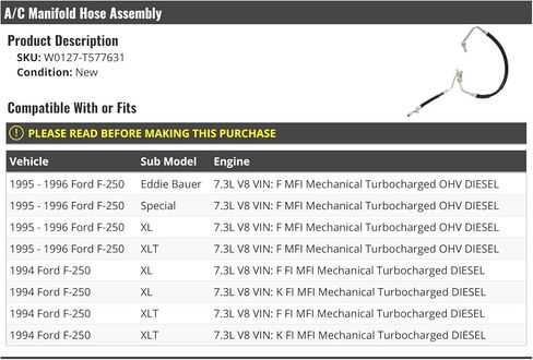 مجموعة خرطوم مكيف الهواء - متوافقة مع 1994-1996 Ford F-250 7.3L Turbo Diesel (تحقق من VIN) in Kuwait
